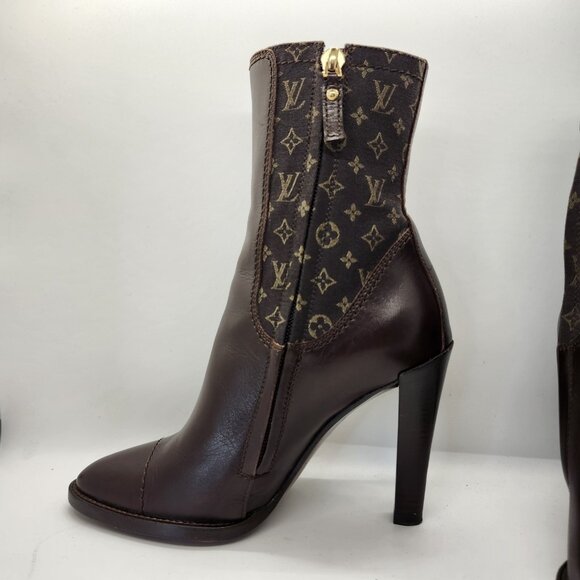 LOUIS VUITTON Brown Leather Mini Lin Jodie Monogram Ankle Boots, Size 35.5 5.5 - Picture 7 of 16